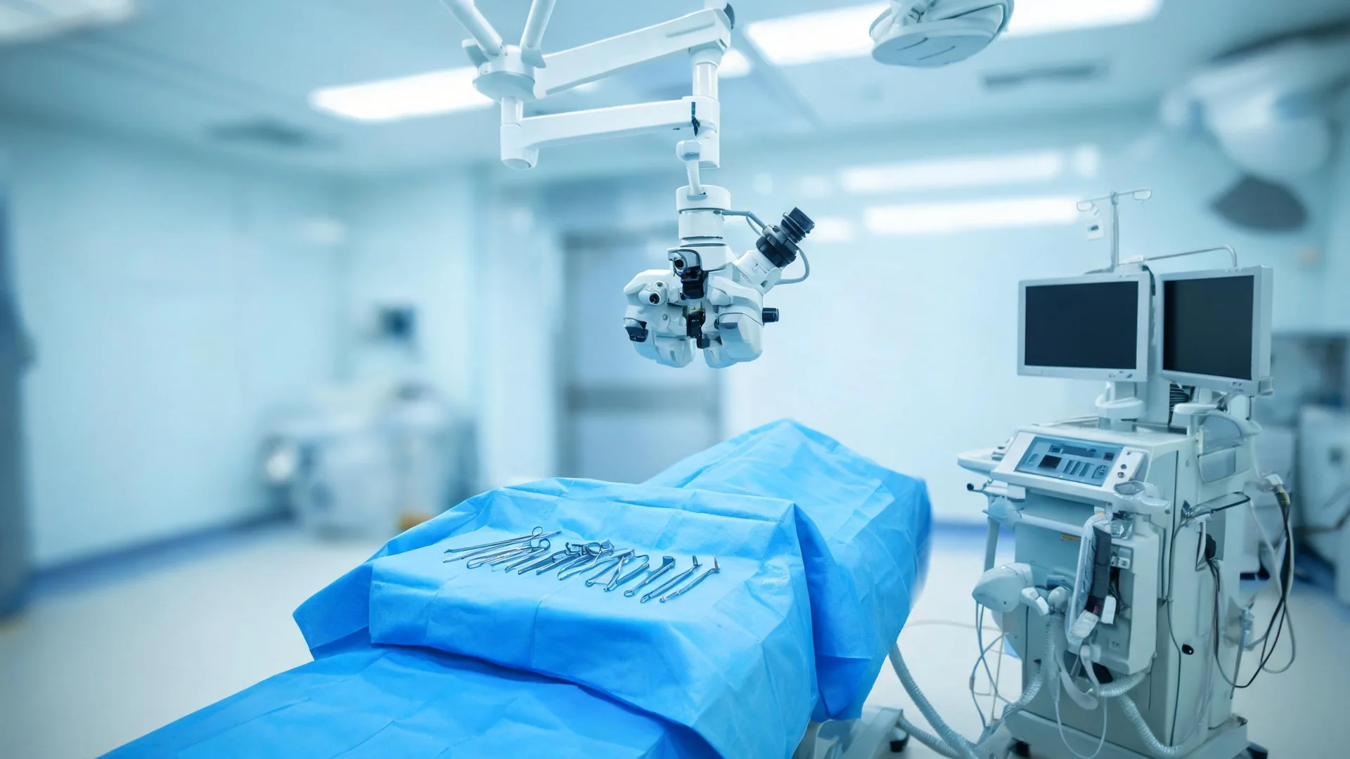 Un microscope chirurgical ophtalmique et du matériel dans une salle d'opération.