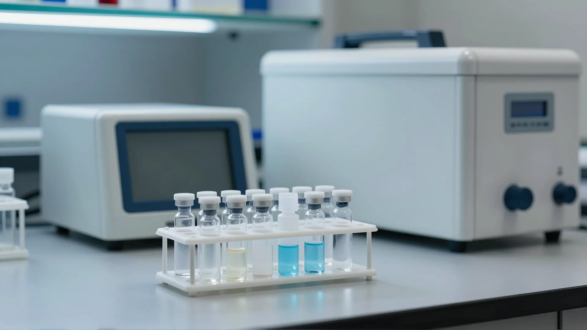 A rack of frozen cell-therapy vials on a laboratory bench.