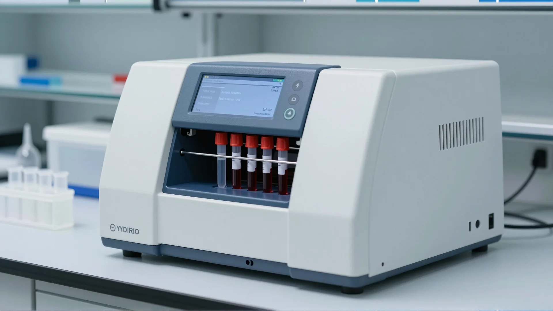 A blood collection tube beside a benchtop DNA sequencer.