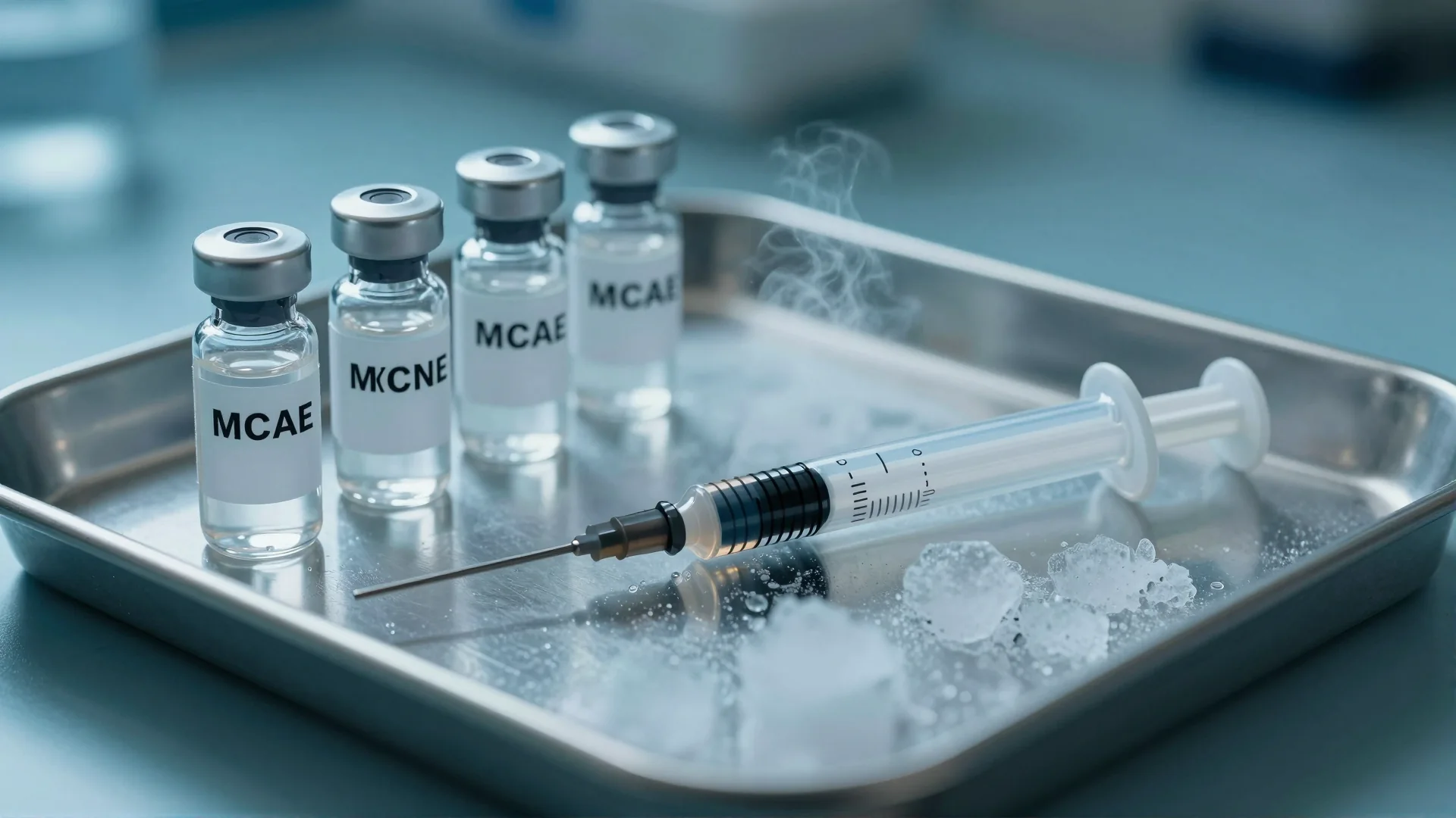 Vaccine vials and a syringe on a chilled laboratory tray.