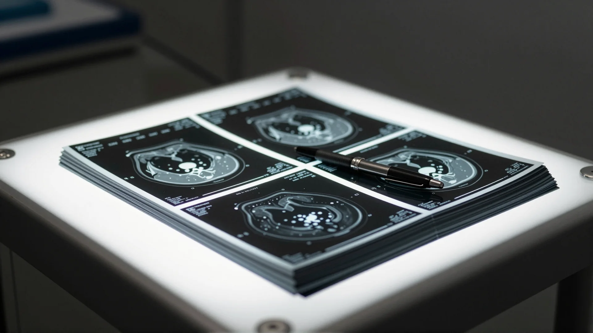 CT scan films on a lightbox in a hospital reading room.
