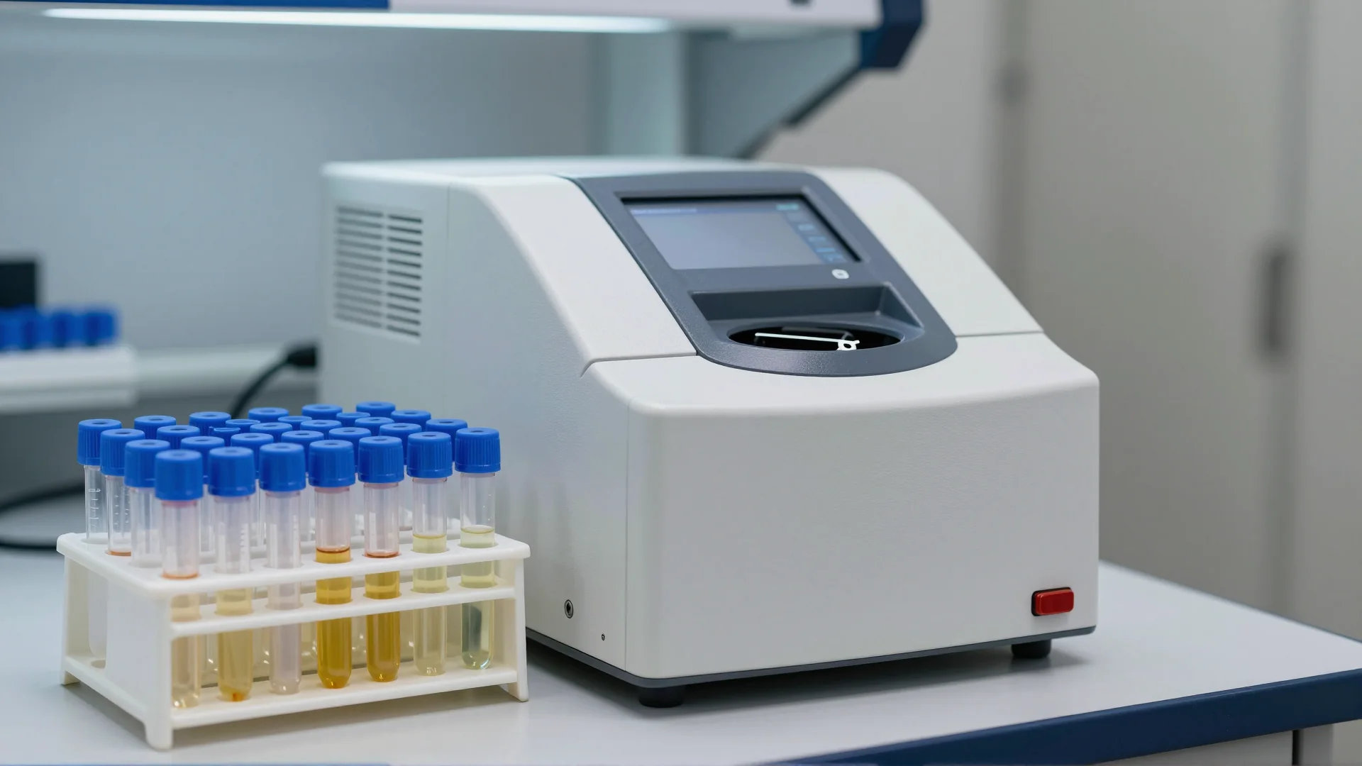 Urine sample tubes in a rack beside a laboratory analyser.