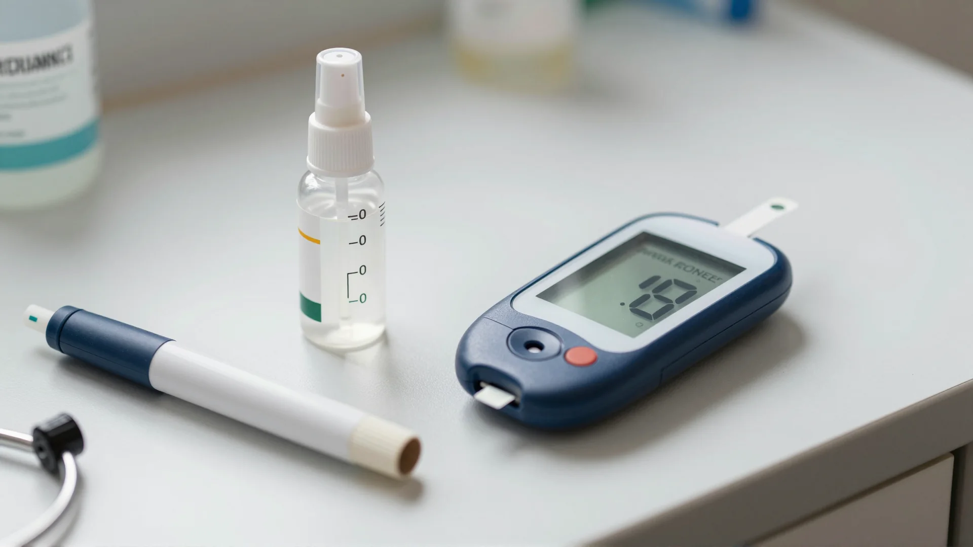 A metered-dose spray bottle beside a blood glucose meter on a clinic desk.