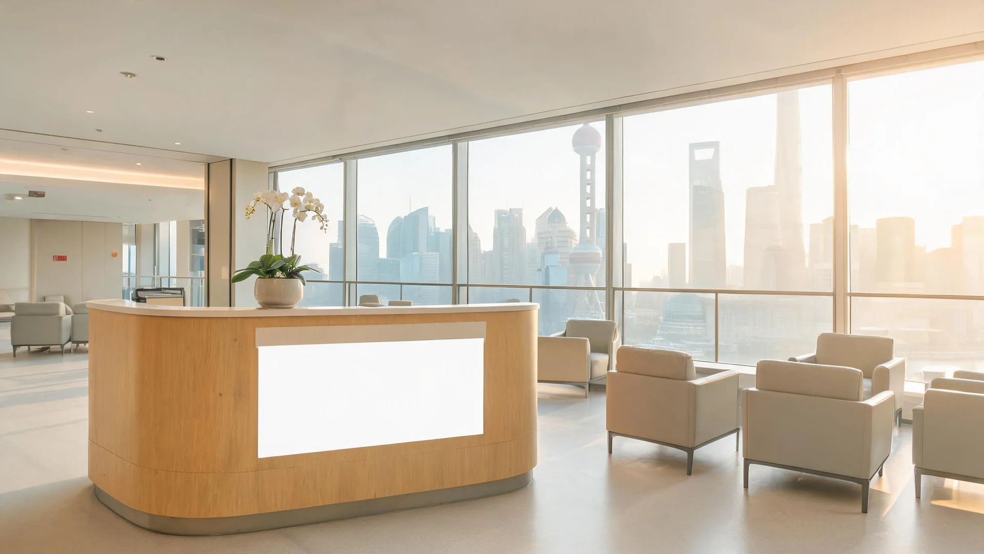 Un vestíbulo de recepción de hospital con vistas al panorama de Shanghái.