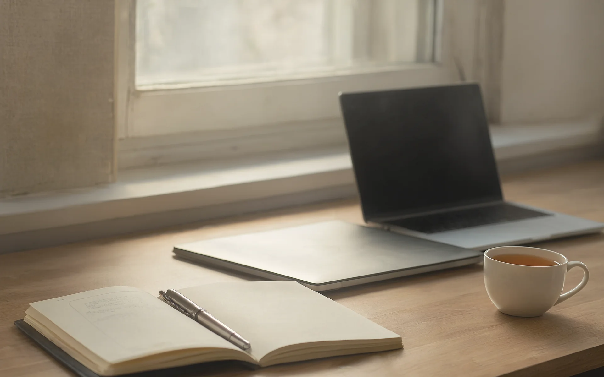 A quiet desk with an open notebook, a pen and a cup of tea.