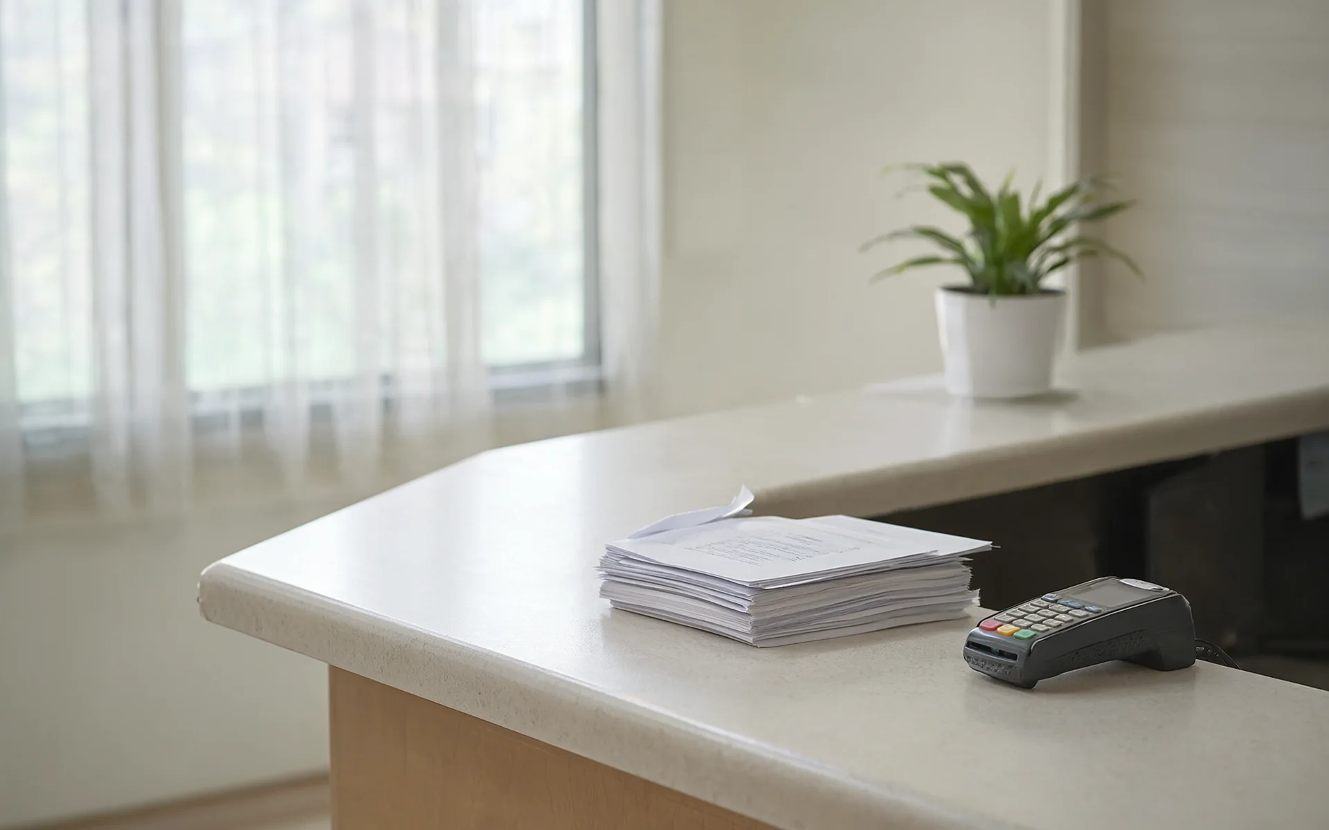 A hospital reception counter with a card terminal and a stack of documents.