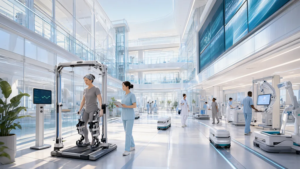 Illustration: a physiotherapist guiding a woman between parallel walking bars in a bright rehabilitation room.