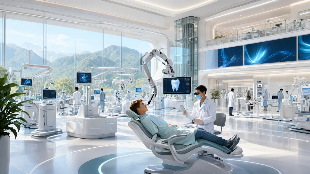 Illustration: a patient reclining in a dental chair in a white clinic with mountains beyond the window.