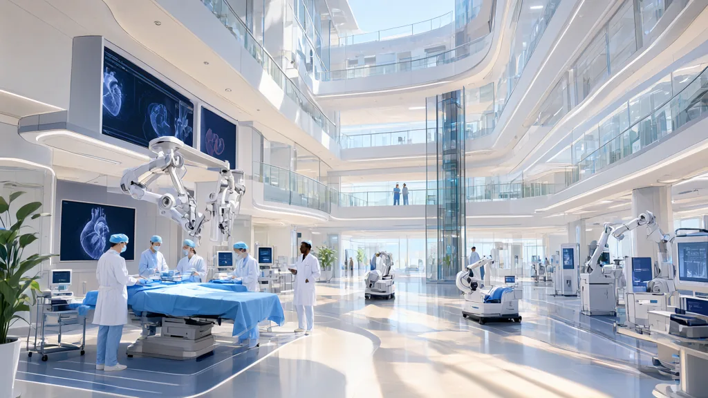 Illustration: a surgical team arranging instruments in a bright operating theatre seen from the doorway.