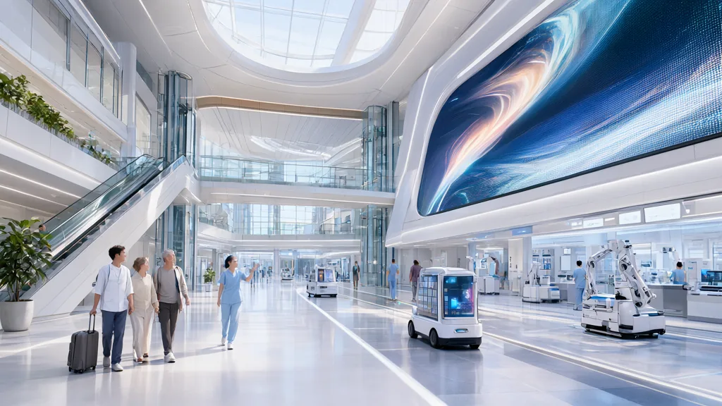 Illustration: a young man walking with two older visitors through a bright hospital atrium.