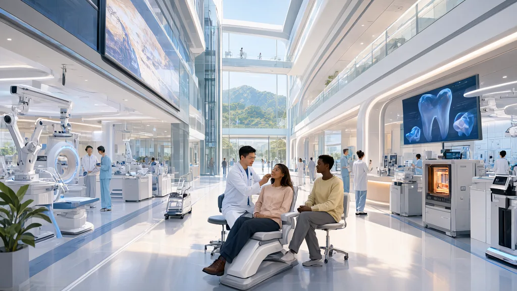 Illustration: a dentist holding a shade guide beside a patient in a dental chair.