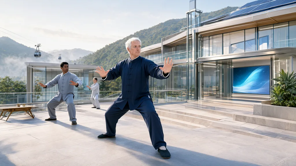 Illustration: an older man in a navy practice suit holding a tai-chi posture on a modern stone terrace, two other practitioners behind him, with a glass-walled hall, a cable car and a green ridge on the mountainside beyond.